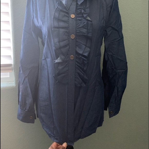 ONE LEFT 🤍🖤 Blue Denim Puff Sleeve Ruffle shirt - Picture 4 of 5